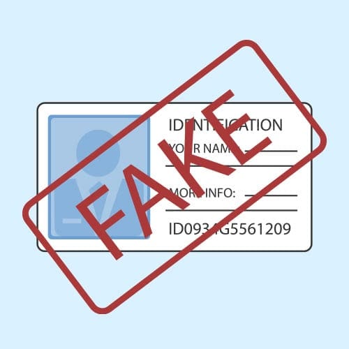 illustrated ID card with the word 'Fake' stamped on it in red